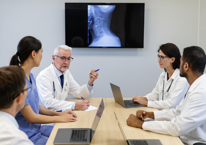 Leitungsteam einer deutschen Klinik bei einer interdisziplinären Fallbesprechung